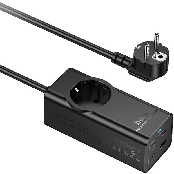 Фото - Сетевой фильтр HOCO NS9 Wisdom 1-position (PD67W/3C1A) desktop socket EU/GER Black (6942007638494)