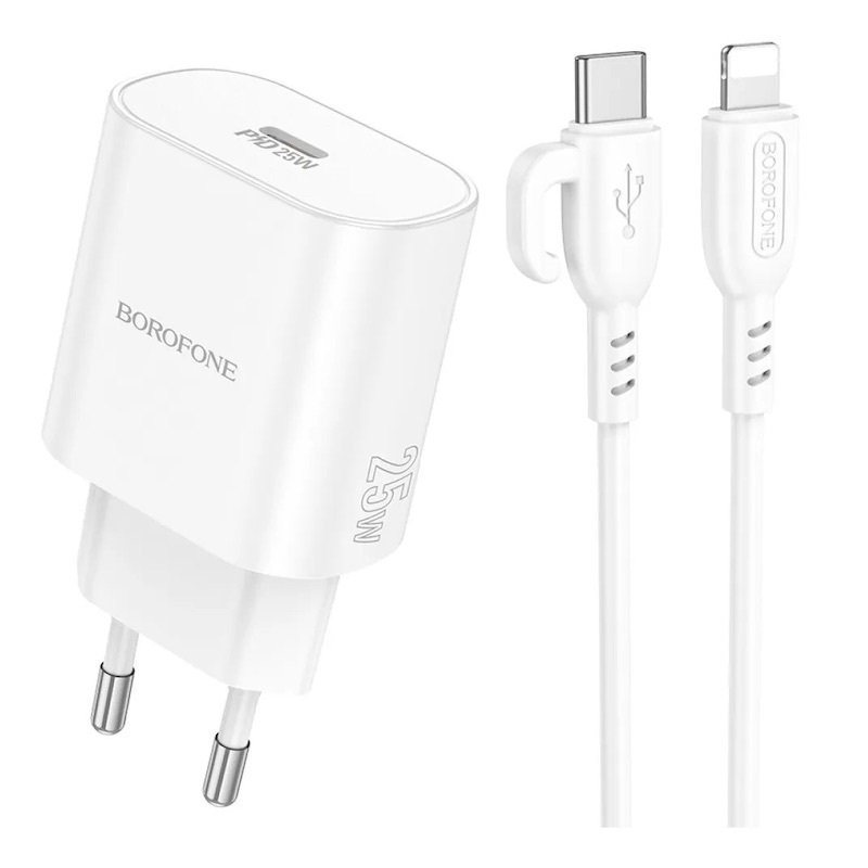 Сетевое зарядное устройство BOROFONE BA82A Platinum single port PD25W charger set C to iP EU White (6941991112263)