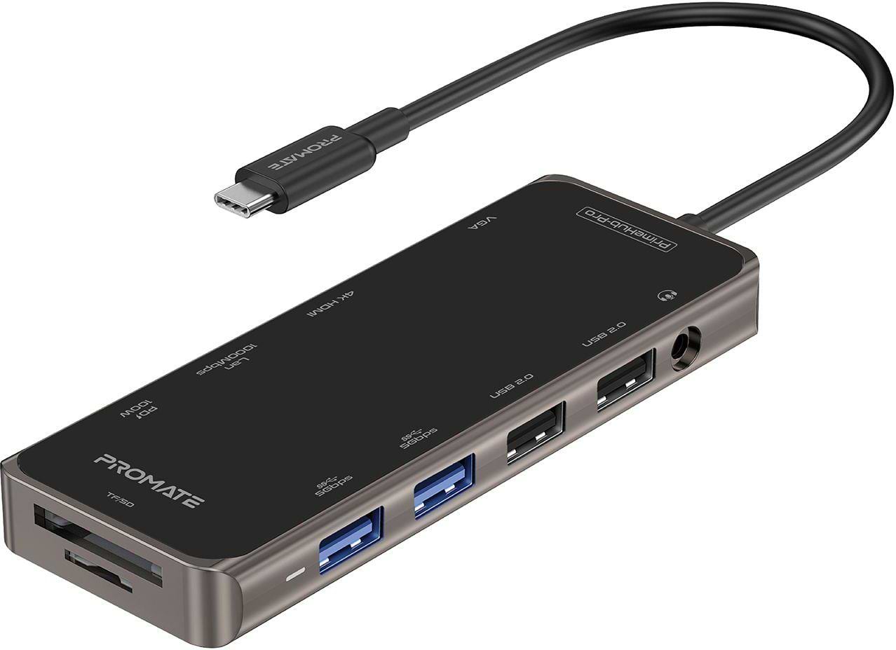 Хаб USB Promate Primehub-pro HDMI, RJ45, USB 3.0, USB 2.0, Кардридер, USB Type-C, VGA Grey - Фото 1
