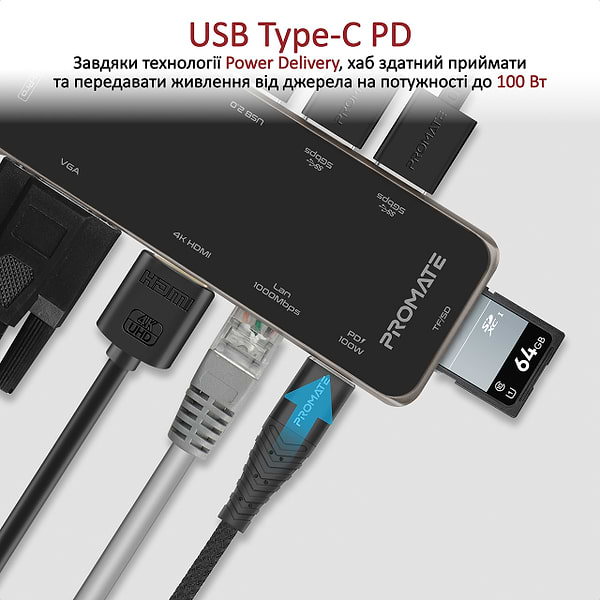 Фото - Хаб USB Promate Primehub-pro HDMI, RJ45, USB 3.0, USB 2.0, Кардридер, USB Type-C, VGA Grey