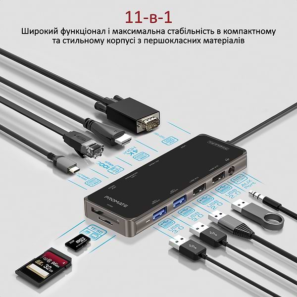Фото - Хаб USB Promate Primehub-pro HDMI, RJ45, USB 3.0, USB 2.0, Кардридер, USB Type-C, VGA Grey