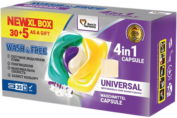 Фото - Капсули для прання WASH & FREE Жасмин та лаванда з марсельським милом 30+5шт Фото - Капсули для прання WASH & FREE Жасмин та лаванда з марсельським милом 30+5шт