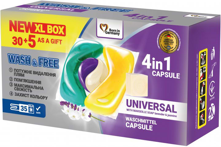 Капсулы для стирки WASH & FREE Жасмин и лаванда с марсельским мылом 30+5шт