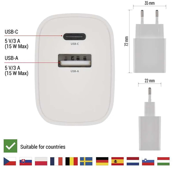 Фото - Сетевое зарядное устройство EMOS V02B15 1xUSB-A, 1xUSB-C 15W 220V (V02B15)