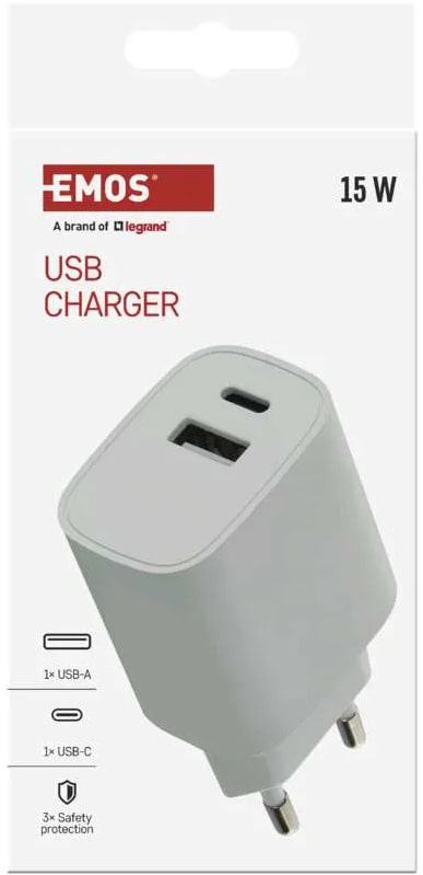 Фото - Сетевое зарядное устройство EMOS V02B15 1xUSB-A, 1xUSB-C 15W 220V (V02B15)