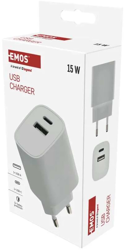 Фото - Сетевое зарядное устройство EMOS V02B15 1xUSB-A, 1xUSB-C 15W 220V (V02B15)