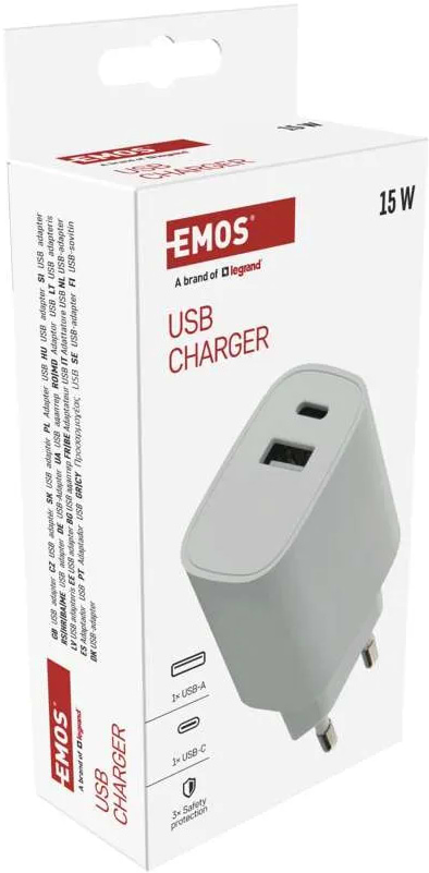 Фото - Сетевое зарядное устройство EMOS V02B15 1xUSB-A, 1xUSB-C 15W 220V (V02B15)