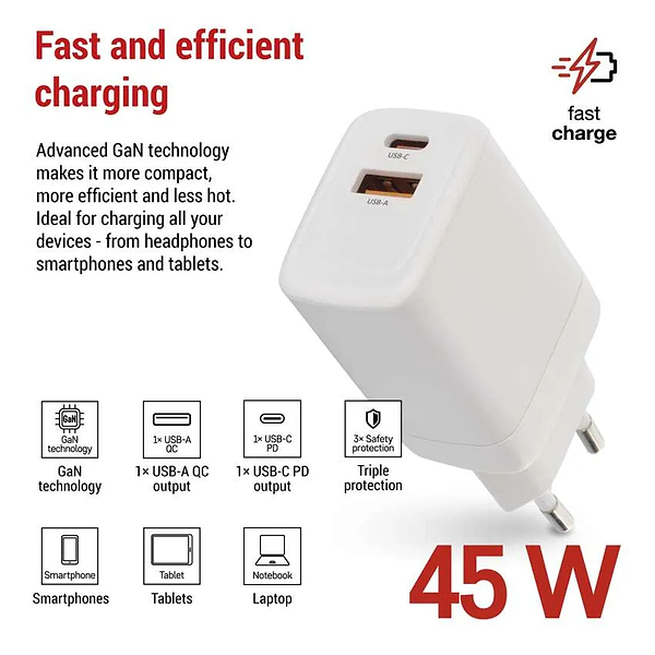 Фото - Сетевое зарядное устройство EMOS V04G45 1xUSB-A, 1xUB-C 20W 220V PD (V04G45)