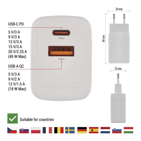 Фото - Сетевое зарядное устройство EMOS V04G45 1xUSB-A, 1xUB-C 20W 220V PD (V04G45)