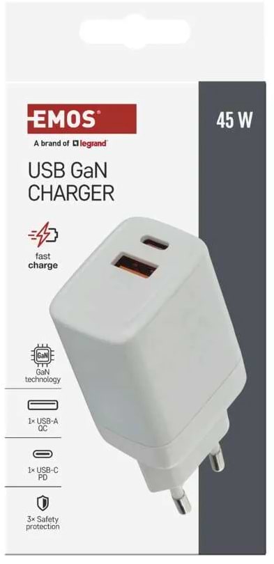 Фото - Сетевое зарядное устройство EMOS V04G45 1xUSB-A, 1xUB-C 20W 220V PD (V04G45)