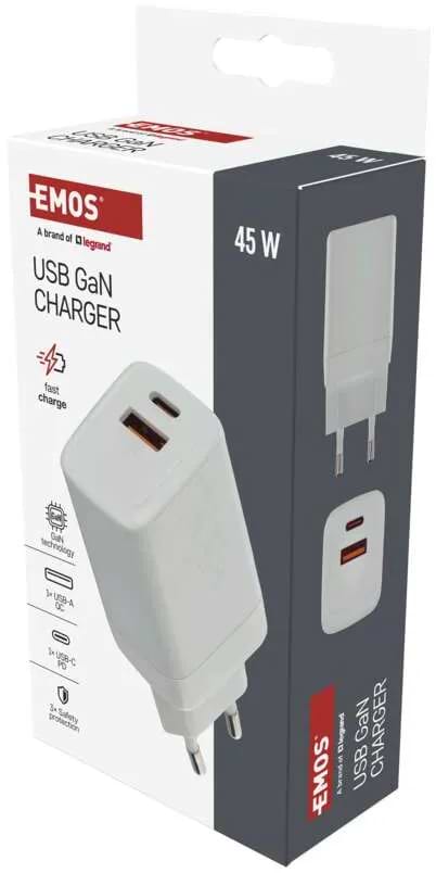 Фото - Сетевое зарядное устройство EMOS V04G45 1xUSB-A, 1xUB-C 20W 220V PD (V04G45)