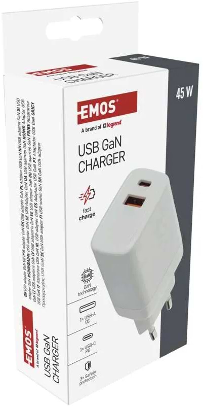 Фото - Сетевое зарядное устройство EMOS V04G45 1xUSB-A, 1xUB-C 20W 220V PD (V04G45)