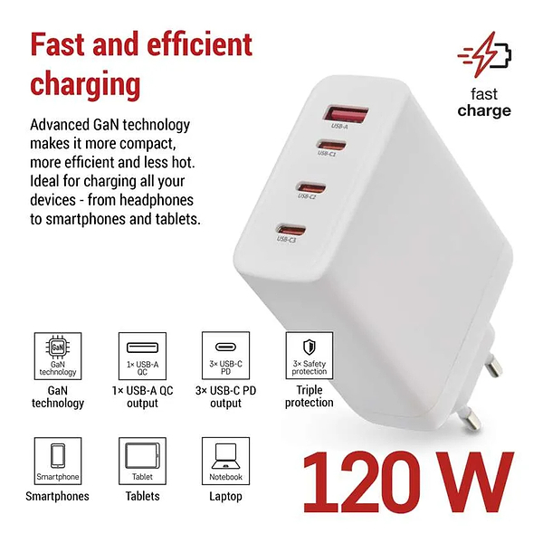 Фото - Сетевое зарядное устройство EMOS V06G120 1xUSB-A, 3xUB-C 120W 220V PD (V06G120)