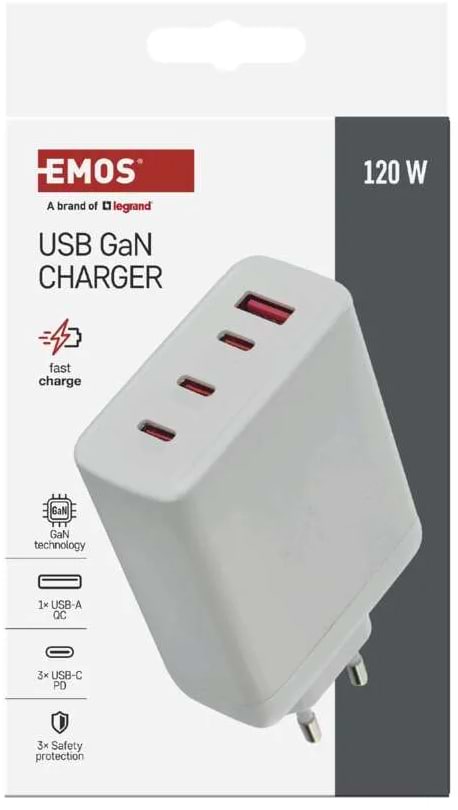 Фото - Сетевое зарядное устройство EMOS V06G120 1xUSB-A, 3xUB-C 120W 220V PD (V06G120)