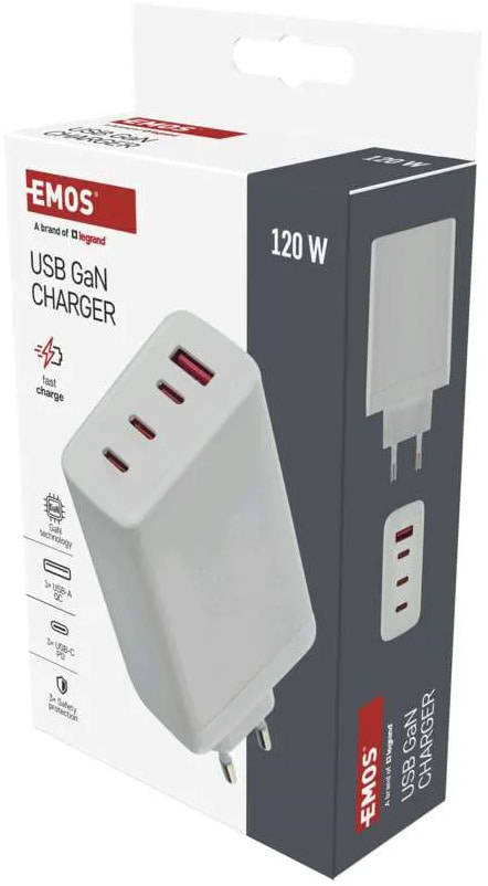 Фото - Сетевое зарядное устройство EMOS V06G120 1xUSB-A, 3xUB-C 120W 220V PD (V06G120)
