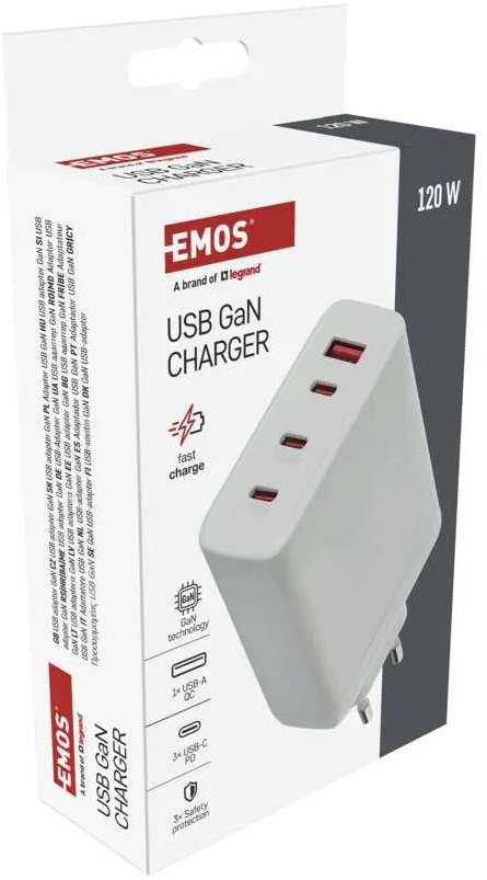Фото - Сетевое зарядное устройство EMOS V06G120 1xUSB-A, 3xUB-C 120W 220V PD (V06G120)