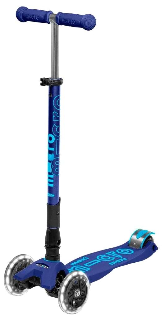 Трёхколёсный самокат Micro "Maxi Deluxe LED" - ТЕМНО-СИНИЙ (складной, до 50 кг, трехколесный, свет)