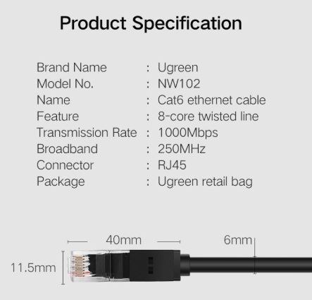 Фото - Кабель патч-корд UGREEN NW102 Cat 6 U/UTP Lan Cable 1m Black (20159)