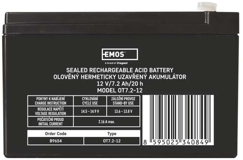 Аккумулятор для ИБП EMOS B9654, AGM, 12V, 7,2Ah, fast 4,7mm