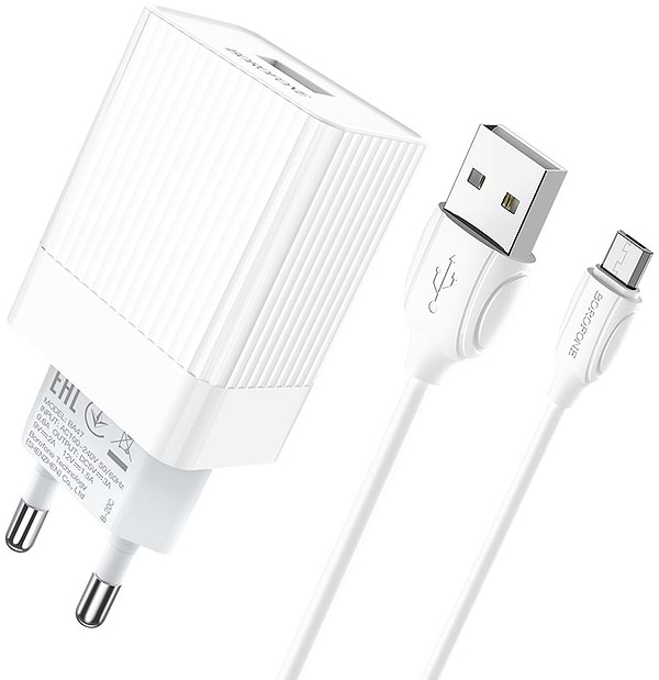 Фото - Мережевий зарядний пристрій BOROFONE BA47A QC3.0 3A + Micro-USB cable 18W White (6931474728302)