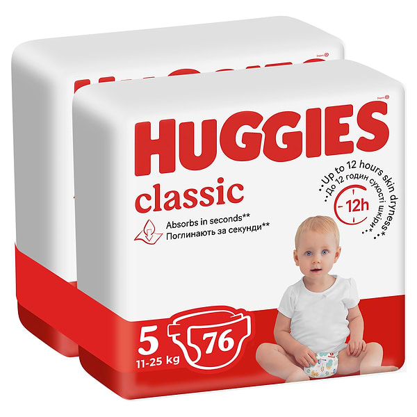 Фото - Одноразові підгузки Huggies Classic на липучках Розмір 5 (11-25 кг), 76 шт. (2*38шт.) (5029054236871)