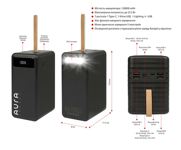 Фото - Батарея мобільна Aura NRG-P120 120000 mAh 22.5W Black (PBANRG-P120B)
