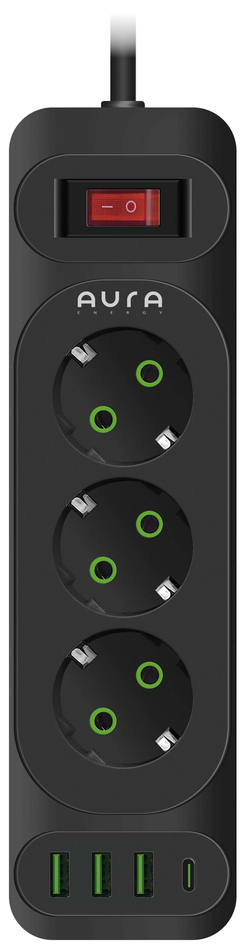 Сетевой фильтр Aura Energy 3+3 USB-A + USB-C (PD) 2M Black (AUEMFP33PD2MB) - Фото 1