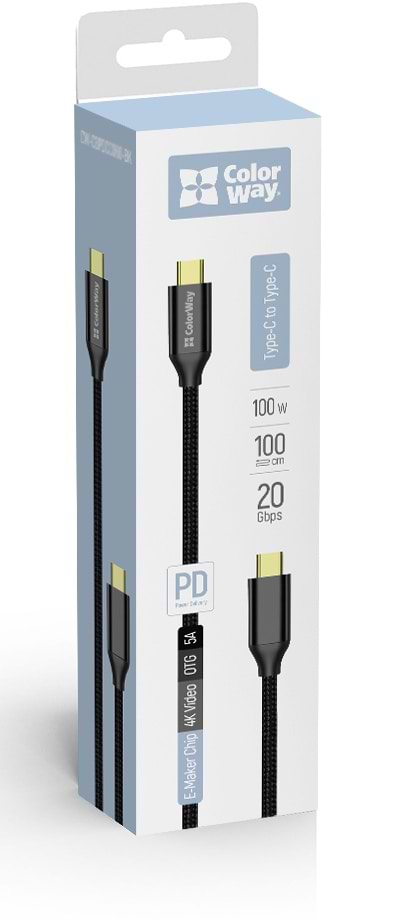 Фото - Кабель синхронізації даних Colorway Type-C - Type-C USB3.2 (20Gbps 4K PD100W) Gen2 5А 1м чорний (CW-CBPDCC062-BK)
