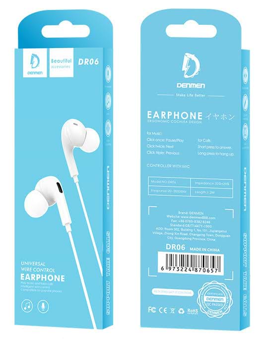 Фото - Навушники вкладиші дротові Denmen DR06 3.5mm 1.2 м White (DE-DR06-WH)