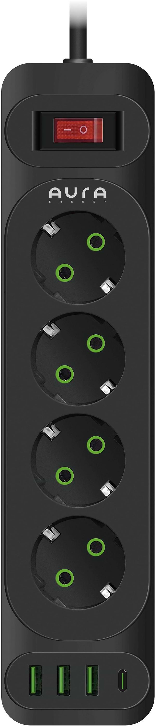 Фото - Сетевой фильтр Aura Energy 4+3 USB-A + USB-C (PD) 2M Black (AUEMFP43PD2MB)