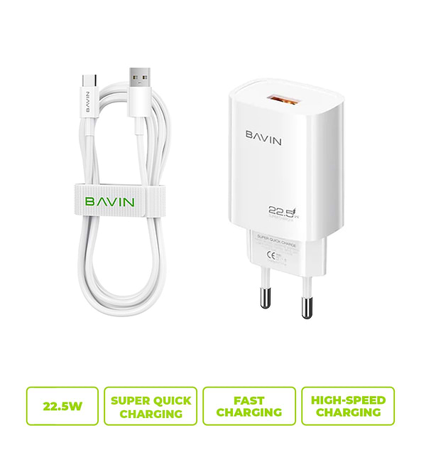 Фото - Мережевий зарядний пристрій Bavin PC995Y 22.5W USB-A Super Quick Charge + кабель USB-A/Type-C White (C-PC995Y-C-W)