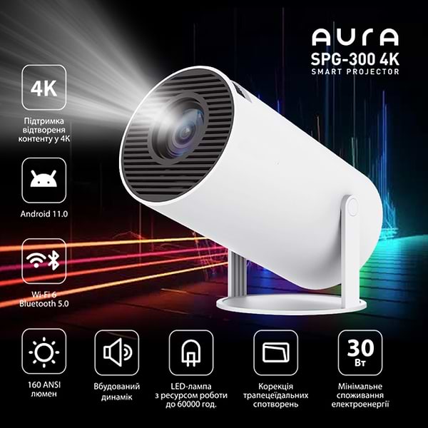 Фото - Проектор Aura SPJ-300 4K Android HDMI White (AU-PRJSPJ300-W)