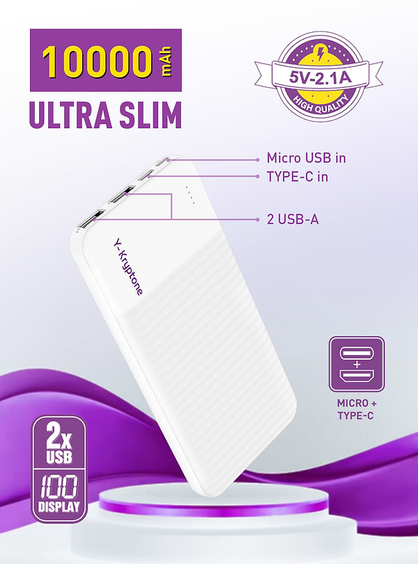 Фото - Батарея мобильная Y-Kryptone N-13 10000 mAh ULTRA Slim White (YK-N13-WH)