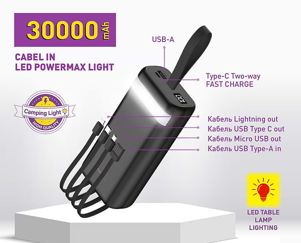 Фото - Батарея мобильная Y-Kryptone N-32 LED Light 30000 mAh CABLE in Black (YK-N32LC-B)