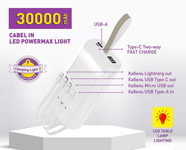 Фото - Батарея мобильная Y-Kryptone N-32 LED Light 30000 mAh CABLE in White (YK-N32LC-WH)