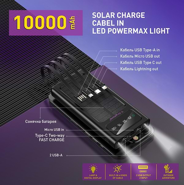Фото - Батарея мобільна Y-Kryptone S-01 SOLAR CHARGE LED Light 10000 mAh CABLE in Black (YK-S01SLC-B)