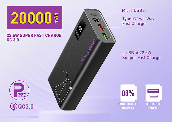Фото - Батарея мобільна Y-Kryptone GT-23 20000 mAh QC3.0 22.5W Fast Charge Black (YK-GT23-B)