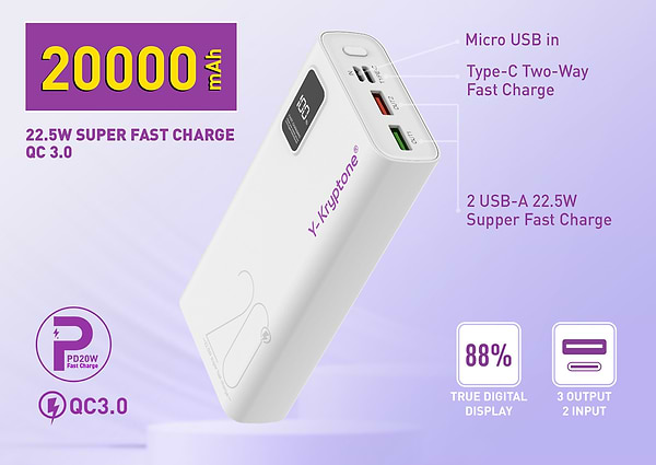 Фото - Батарея мобільна Y-Kryptone GT-23 20000 mAh QC3.0 22.5W Fast Charge White (YK-GT23-WH)