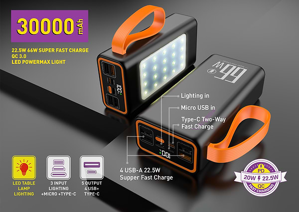 Фото - Батарея мобільна Y-Kryptone GT-32 LED Light 30000 mAh QC3.0 22.5W 66W Super Fast Charge Black (YK-GT32L-B)