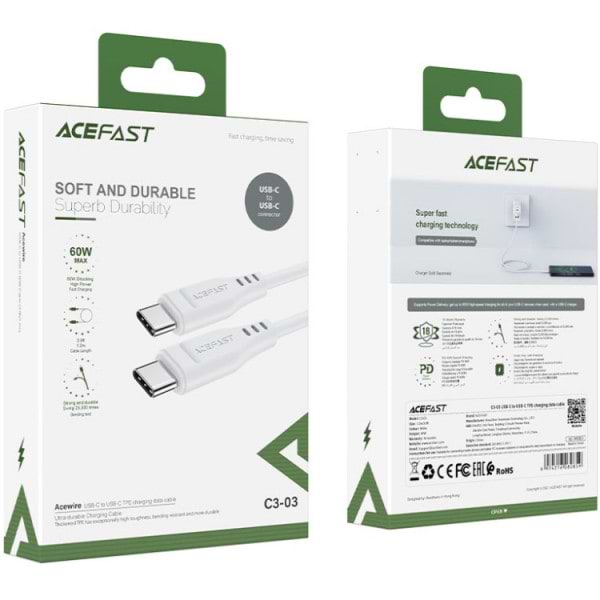 Фото - Кабель синхронизации данных AceFast USB 2.0 USB-C to USB-C, 1,2 м, 3.0A, TPE C3-03 White (6974316280859)