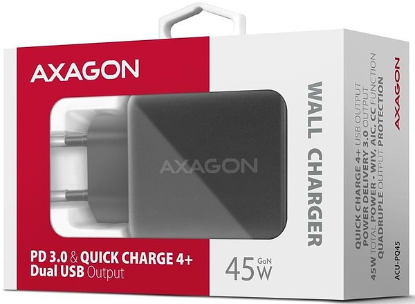 Фото - Мережевий зарядний пристрій AXAGON QC3.0,4.0/AFC/FCP/PPS/Apple + PD type-C, 45W Black (ACU-PQ45)