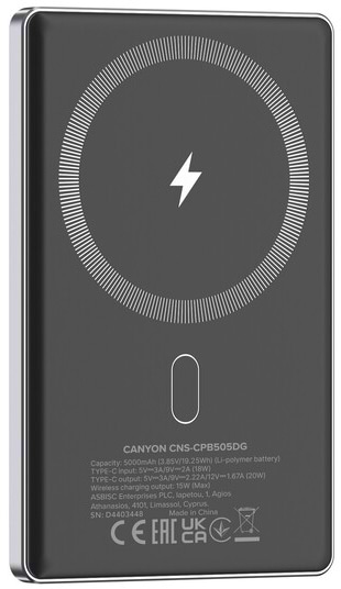 Фото - Батарея мобильная Canyon OnPower 505 slim Magsafe 5000 mAh PD20W Dark Grey (CNS-CPB505DG)