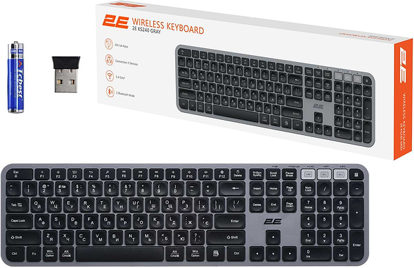 Фото - Клавіатура бездротова 2E KS240 WL/BT, EN/UK Gray/Black (2E-KS240WG_UA)