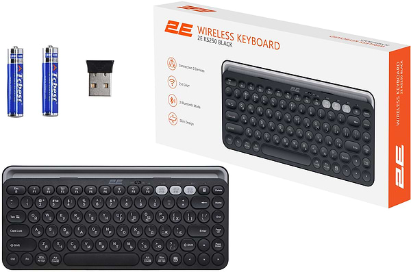 Фото - Клавіатура бездротова 2E KS250 WL/BT, EN/UK Black/Gray (2E-KS250WBK_UA)