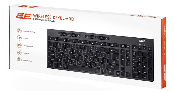 Фото - Клавиатура беспроводная 2E KS280 WL/BT, EN/UK Silent Black-Grey (2E-KS280WBGR_UA)