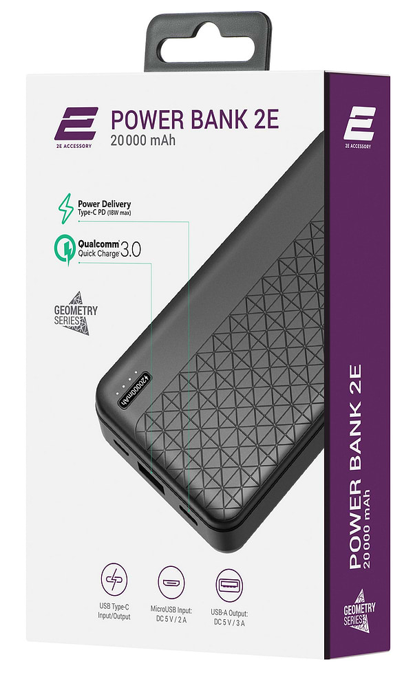 Фото - Батарея мобильная 2E Geometry 20000mAh PD+QC 3.0 18W Black (2E-PB2072PD-Black)