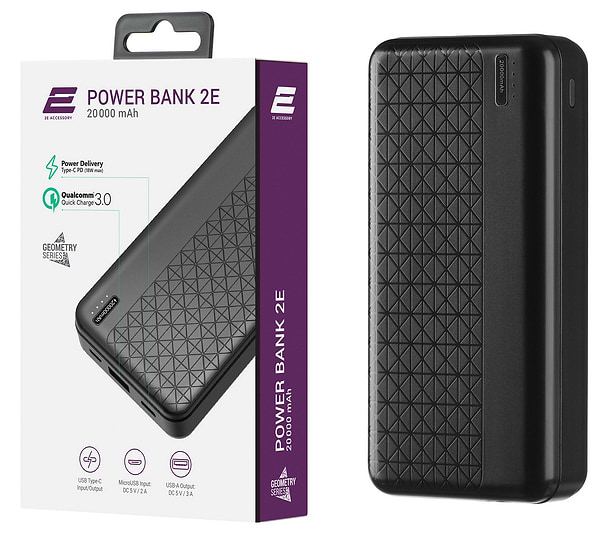 Фото - Батарея мобильная 2E Geometry 20000mAh PD+QC 3.0 18W Black (2E-PB2072PD-Black)