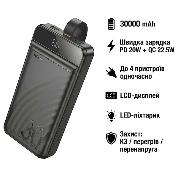 Фото - Батарея мобильная HOCO J123B Element PD20W+LCD+LED Lamp 30000 mAh Black