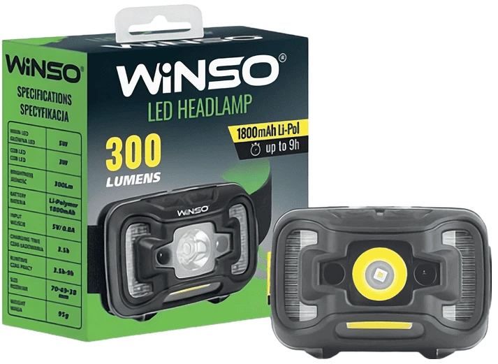 Фонарь налобный Winso 300Lm, 5W CREE XTE + COB, 1800mAh, Sensor White/Red (750420)