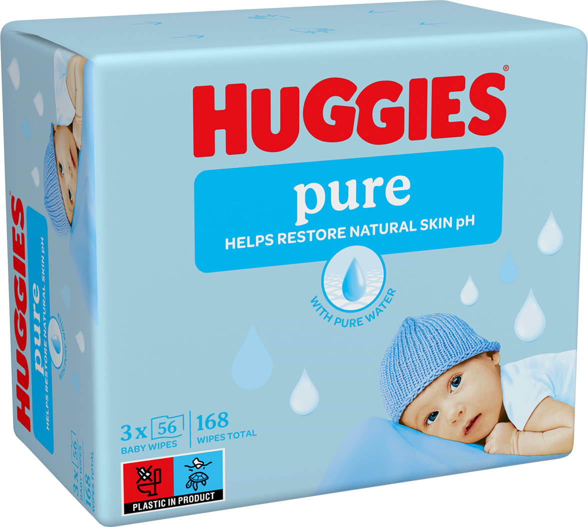 Вологі серветки для немовлят Huggies Pure 2+1 (56х3), 168 шт. (5029053550091) - Фото 1